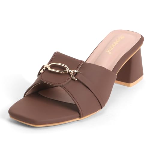 Image of Women's Block Heel Mule Sandals | Stylish Slip-On Heels with Metal Chain Detail | Cushioned Footbed | Square Toe Fashion Slides for Party, Office & Casual Wear