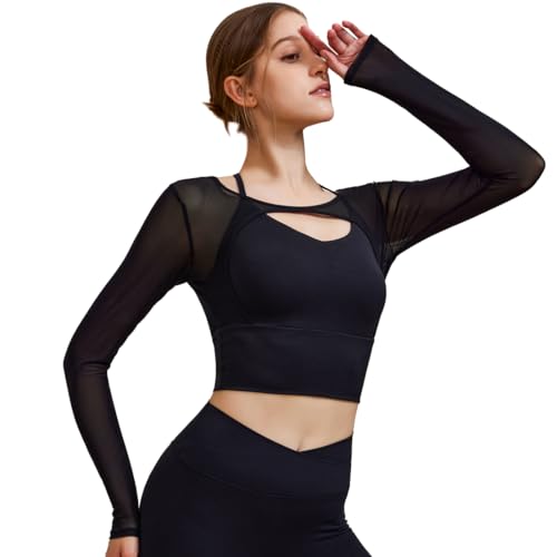 Harssidanzar Long Sleeve Yoga Shirts for Women Mesh Gym Athletic Tops Workout Shirts with Sports Bra CL304US3
