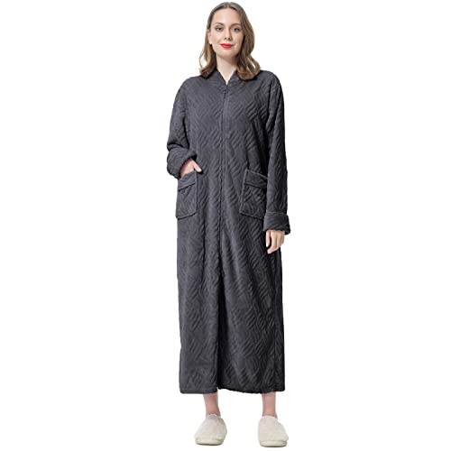 Women's Zip Up Bathrobe Woman Zipper Fleece Plush Robe Ladies Warm Long Full Length Housecoat Sleepwear