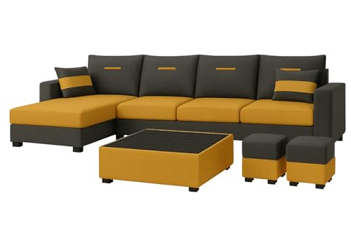 Image of CASASTYLE Dreamon 8 Seater Fabric LHS L Shape Sofa Set with 1 Centre Table & 2 Puffy (Yellow-Dark Grey) | Velvet Finish | Comfortable Sectional Sofa for Living Room
