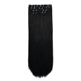 REECHO 24″ Straight Long 4 PCS Set Thick Clip in on Hair Extensions Natural Black