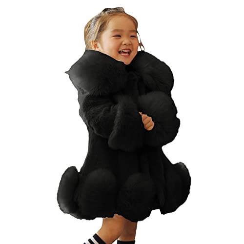 Toddler Girls Winter Fleece Coat Kids Warm Faux 𝚏𝚞r Jacket Long Sleeve Cardigan Coat (Black, 5-6 Years)