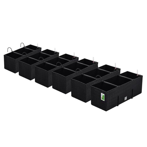 PAFEN 6X Blumenkasten Blumentopf Rattan-Optik mit Halterungen Pflanztopf Wasserstandsanzeiger Balkonkasten Pflanzkästen Anthrazit