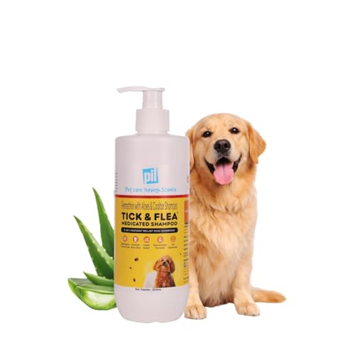 Image of Pil Tick & Flea Dog Shampoo 500 Milliliter|Ditch to Itch Dog Shampoo for Pomeranian, Puppy, Rottweiler Adult, German Shepherd, Labrador & Golden Retriever|Medicated Pet Shampoo for Dogs
