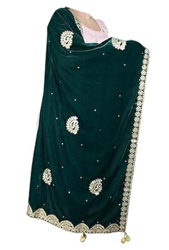 Embroidered Green Velvet Dupatta with Sequins for Women, One Size Bottle Green Dupatta,Stole,Chunni With Golden Tassels