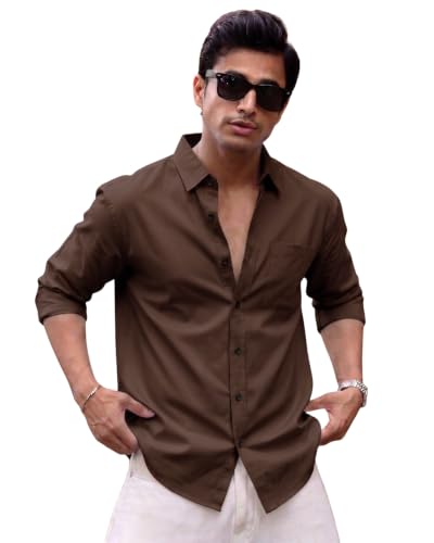 Image of Men's Brown Solid Full Sleeve Casual Shirt with Chest Pocket
