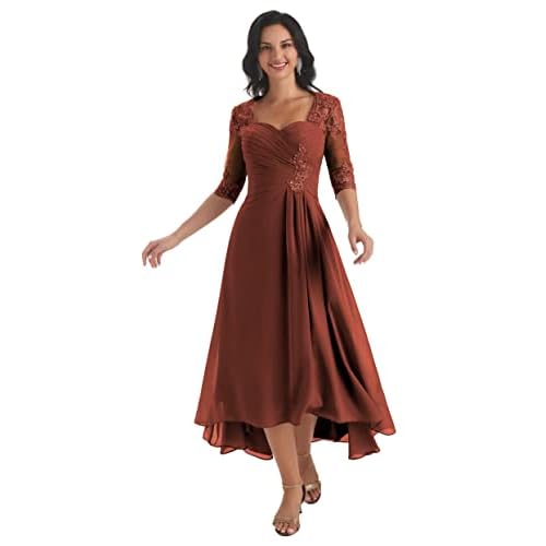 BOLENSYE Cinnamon Rose Mother of The Bride Dresses for Women Tea Length V Neck Pleated Evening Party Gown Size14