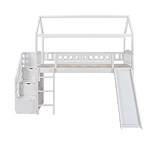 Merax House Loft Bunk Bed Frames with Storage and Slide No Box Spring Needed for Kids Teens Girls or Boys