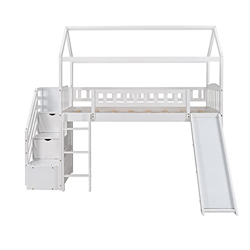 Actual Wood Twin Loft Bed with Slide for Kids, House Loft Bed with Pitched RoofGuardrails3 StairsLadder2 Storage Drawers.X (White+Wood+Twin LOFT Bed)