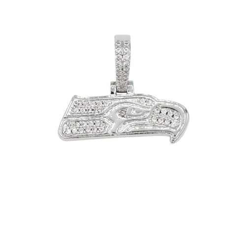GLD Officially licensed NFL Sports Team Logo Pendant - Gold Plated Iced Out Football Necklace Charm - White Gold/Seattle Seahawks