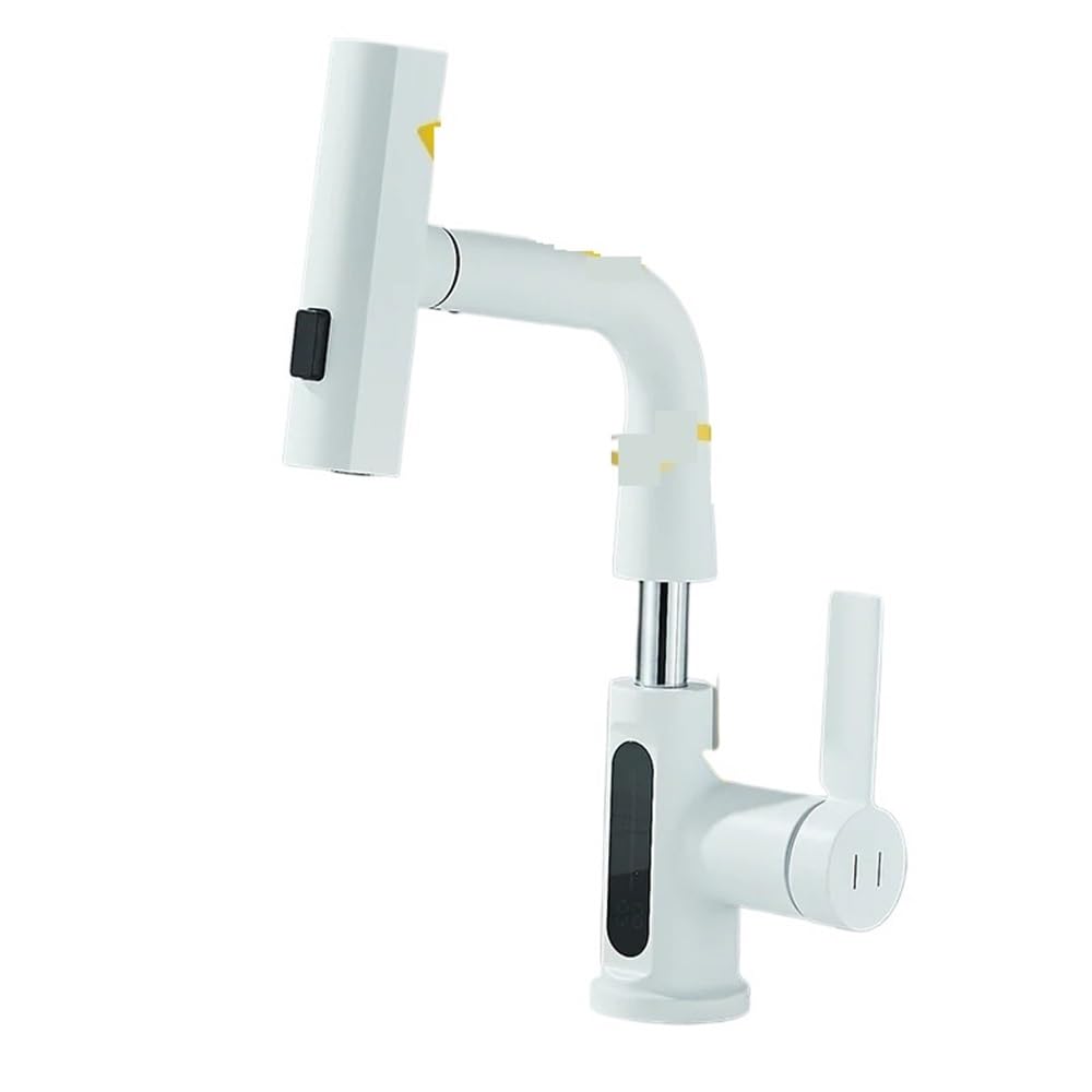 Grifo monomando cascada con pantalla de temperatura y rociador extraíble blanco