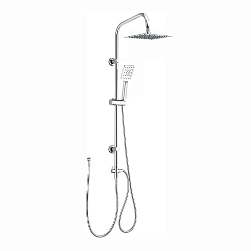 ENKI, Carre, RG062, Chrome, Dual Rigid Riser Kit with Square Ultra Slim High Pressure Overhead Showerhead and Multi Function Hand Shower Set, Stainless Steel, Modern, Easy to Install, 1-Year Guarantee