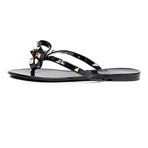 Image of Studded Jelly Shoes for Womens Bow Flip Flops Jellies Sandals Flat Black Summer Beach Thong with Rivets Strappy Slides Slip On