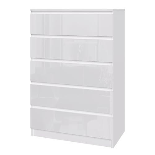 Panana Modern High Gloss Chest of Drawers 3/4/5/6 Drawer Wooden Dresser with Metal Runner Bedside Table No Handle Sleek Design Storage Organizer Unit for Living Room Bedroom (White 5 Drawers)