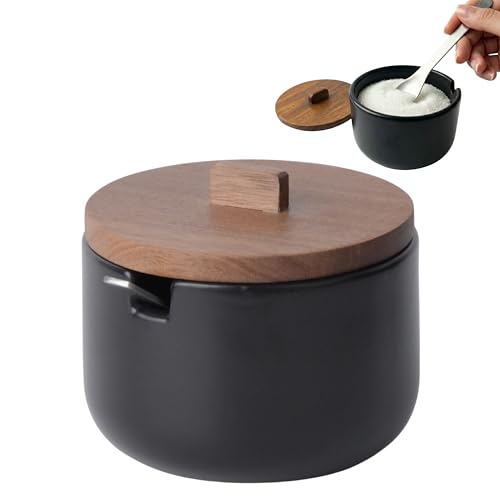 KOOK TIME Azucarero de Cerámica CURVE con Cuchara - Tarro Pequeño con Tapa de Madera de Acacia. Recipiente para Azúcar, Sal, Especias o Queso Rallado. 10.5 x 9 cm. - Negro mate