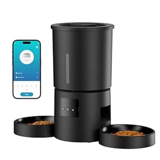 Distributore Automatico Cibo Gatti 2 Ciotole: 5L Distributore Automatico Cibo Cane con Timer WiFi 2.4G per Crocchette - Design Doppia Ciotola per Famiglie con Più Gatti & Cani - Nero