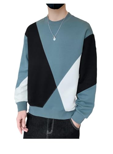 ZWENDE Men Pullover Hoodless Men Basic Sweatshirt Trend Slim Fit Men Pullover Colour Matching Round Neck Spring Autumn Men Long Sleeve Sweatshirt C-Dark Green M