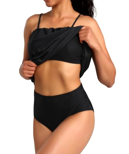 Two Piece Bandeau Tankini Swimsuits for Women Loose Blouson Swim Top with Bikini Bottom Tummy Control Bathing Suits4