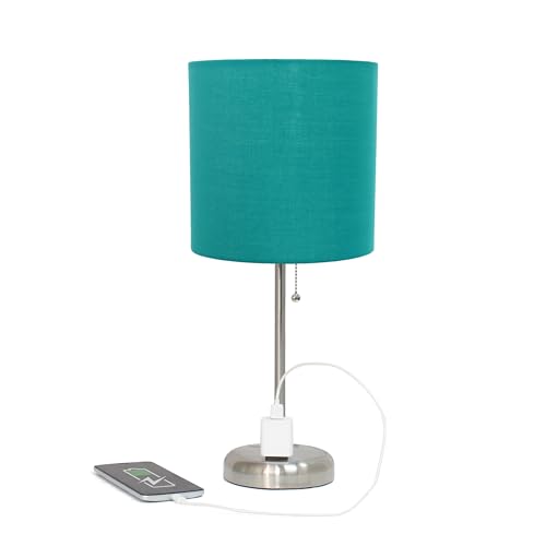 Simple Designs LT2024-TEL-2PK Two Pack Brushed Steel Stick Table Desk Lamp Set with Charging Outlet and Drum Fabric Shade for Living Room, Hallway, Nightstand, Office, Teal Shade