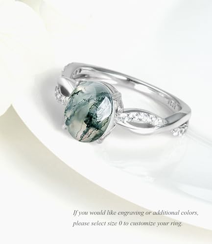 Natural Moss Agate Ring for Women 925 Sterling Silver Oval Engagement Wedding Ring for Her Engraved Customized Jewelry Size 5 to 124