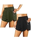 URATOT 2 Pack Women's Athletic Shorts Quick Dry High Waisted Running Shorts with Zip Pocket Gym Elastic Workout Short