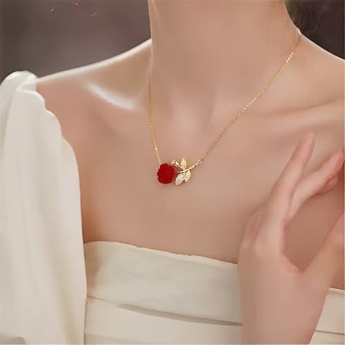 Elegant Rose Flower Pendant Necklace for Women Stainless Steel Gold Plated Crystal Leaf Blossom Charms Choker Chain Adjustable Necklaces Dainty Wedding Birthday Jewelry 18"3