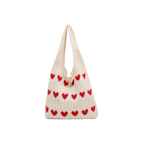 Bolso de hombro tejido con estampado de corazones, Bolsas de amor de punto...