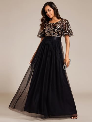 Ever-Pretty Women's Formal Dresses Crew Neck Sequin Ruffle Sleeve Empire Waist Beaded Long Evening Dresses 009044