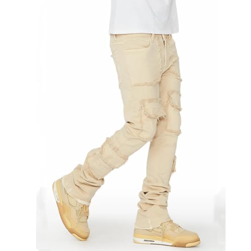 XYGJZ Men's Distressed Denim Pants Slim Fit Stacked Ripped Jeans4