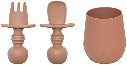 Tooshka Silicone Baby Utensils & Tiny Cup (Terra Cotta) - Bpa Free - Baby Led Weaning - Baby Spoon, Fork & Training Cup for 6 Months+ Anti-Choke Baby Feeding Supplies (Terra Cotta)