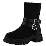 VAN HILL Damen Leicht Gefütterte Biker Boots Stiefeletten Plateau Vorne Schuhe Blockabsatz Schnallen Stiefel Profilsohle Booties 209020 Schwarz 40