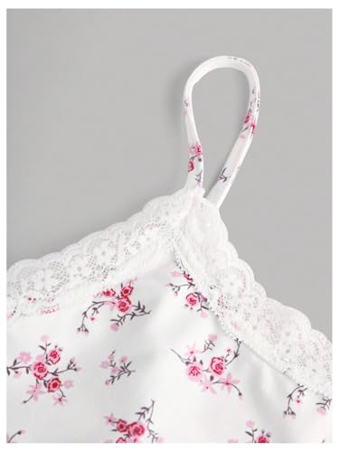 OYOANGLE Girl's 2 Piece Pajama Set Floral Print Lace Trim Spaghetti Strap Ruched Cami Top and Shorts Summer Sleepwear3