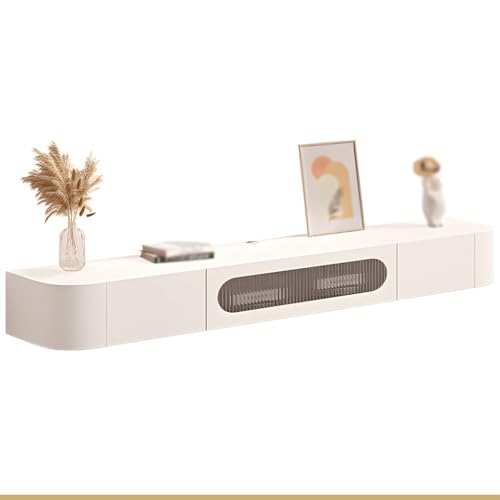 Wall-Mounted Floating TV Cabinet With Drawers & Glass Door,Modern Solid Wooden Media Console, Entertainment Center For Living Room, Space-Saving Storage Shelf For TVs(White,140cm)