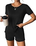 Ekouaer Summer Pajama Set for Women with Pockets - Soft Stretch Lounge Sets for Women Sleepwear Shorts & Top with Elastic Cuffs, Lightweight Womens Pajamas for Home/Yoga/Travel, PJ Sets Black M