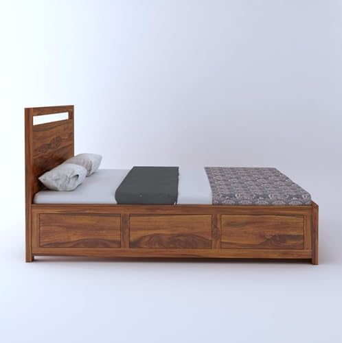 Image of Ganpati Arts Solid Sheesham Wood Jaipur Queen Size Bed with Box Storage | Wooden Double Bed Cot Palang Furniture for Bedroom Living Room Home and Hotel (Natural Finish) 1 Year Warranty
