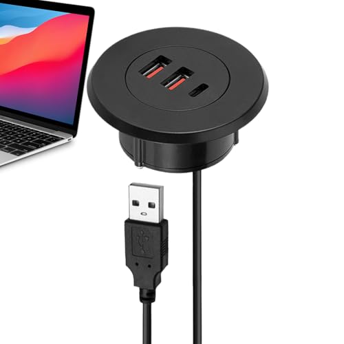 Pasacables para escritorio - Cargador USB redondo | empotrable con cable de 4,92 pies | Bloque de carga rápida para la decoración de muebles de oficina, mesas, sofás, estaciones de trabajo y