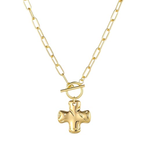 TASBERN Hammered Cross Necklace for Women Gold Paperclip Chain Cross Pendant Chunky Link Choker Christian Faith Jewelry Gift 20