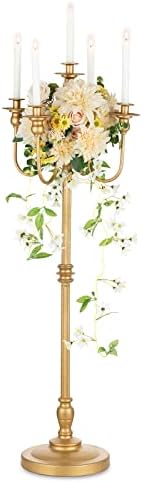 Nuptio Floor Candelabra Gold Candle Holder 50 Inch Candlestick Holder 5 Arm Taper Candle Stand Metal Candle Holders Tall Flower Stand Centerpiece for Wedding Birthday Party Festival Celebration Decor