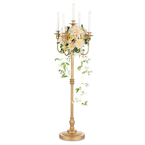 Nuptio Floor Candelabra Gold Candle Holder 50 Inch Candlestick Holder 5 Arm Taper Candle Stand Metal Candle Holders Tall Flower Stand Centerpiece For Wedding Birthday Party Festival Celebration Decor #TOP28
