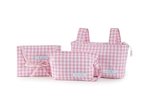 mi bollito – Pack esencial vichi para bebé: bolso pocket para carrito, cambiador Portátil Bebé impermeable + Neceser Vichy + Fabricado en España. (Pack bolso pocket, neceser y cambiador, Rosa)