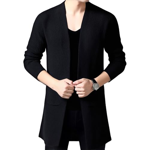Cardigan long en tricot homme col châle ouvert devant à volants noirs