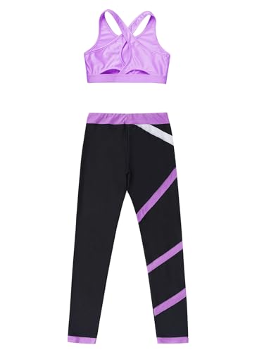 YEAHDOR Kids Girls 2 Pcs Sport Outfit Gymnastics Dance Athletic Outfits Sleeveless Crop Top with Leggings Set Dancewear Purple 12 Years4