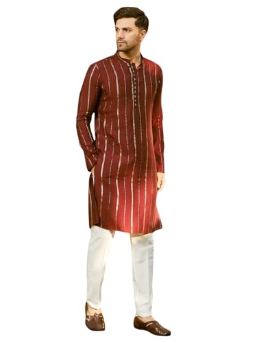 Image of See Designs Men Full Sleeve Chanderi Silk Sequins Mandarin Collar Side Slit Kurta With Pyjama