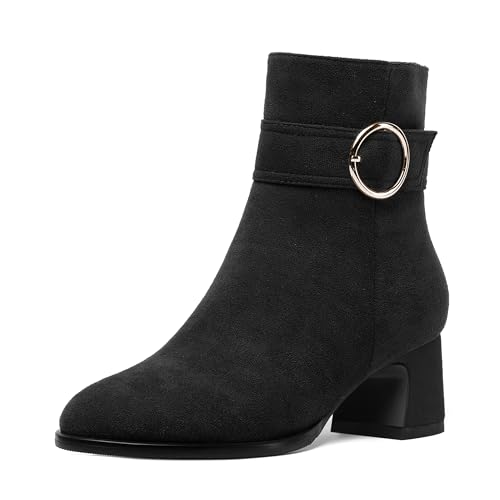 SHOWFOREST Womens Round Toe Travel Buckle Suede Solid Hiking Ankle Strap Chunky Low Heel Ankle High Boots 2 Inch