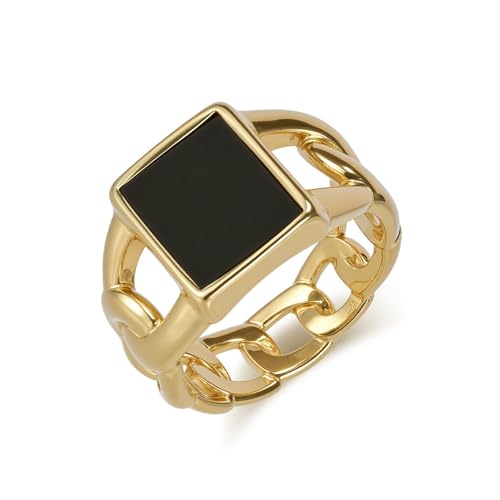 Bague chevalière homme en acier doré : maille curb et pierre noire premium