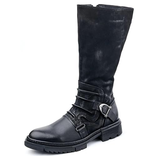 Mens Knee High Knight Boots Splicing Suede Leather Biker Riding Boots Side Zipper Motorcycle Combat Boots Round Toe Waterproof Mid Calf Boots Cowboy Boots Chunky Heel Knee High Boots For Men