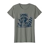 Anime Japanese Aesthetic Retro Vintage Store LU - Ramen Raccoon - T-Shirt Raton Laveur Ramen Japonaises en Désordre Gris Unisexe S Regular Manche Courte Col Rond T-Shirt