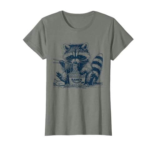 Anime Japanese Aesthetic Retro Vintage Store LU - Ramen Raccoon - T-Shirt Raton Laveur Ramen Japonaises en Désordre Gris Unisexe S Regular Manche Courte Col Rond T-Shirt