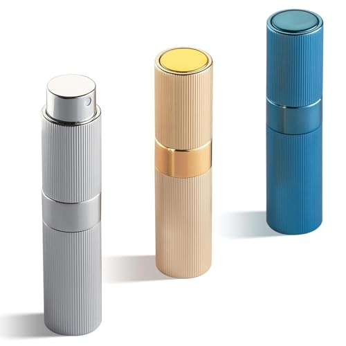 Toureal Atomizador Perfume Recargable 8ml - Miniatura Pulverizador Decants de Colonia - Vaporizador Perfume Recargable Portátil - Mini Spray Perfumero Dosificador Rellenable Oro Plata, Azul 3Pcs