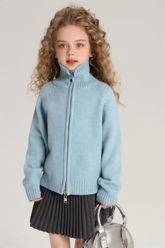 Image of Girls' Long Sleeve Knitted Cardigan Kids Zipper Shrug Sweaters Cropped Jacket Cover Up Tops